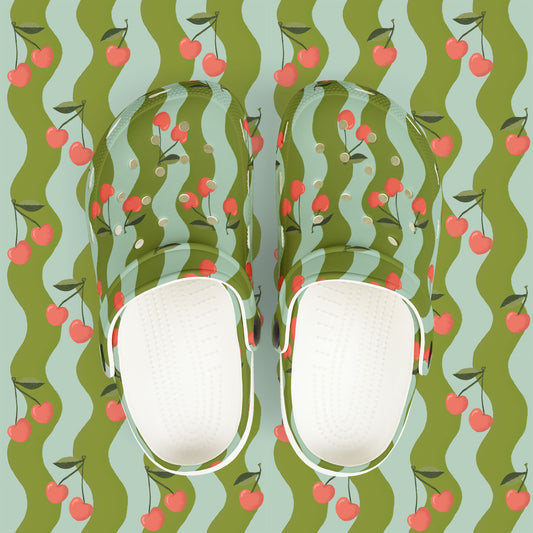 Wavy Cherry Kid's EVA Foam Clogs — Teal & Green Patterned Slip-Ons