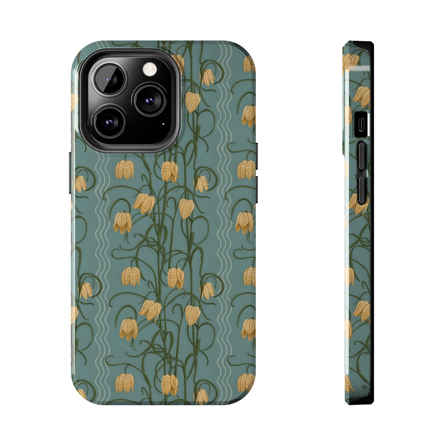 Campanas Floral Tough Phone Case — Dusty Blue and Marigold Wildflower Protective Cover, Personalizable