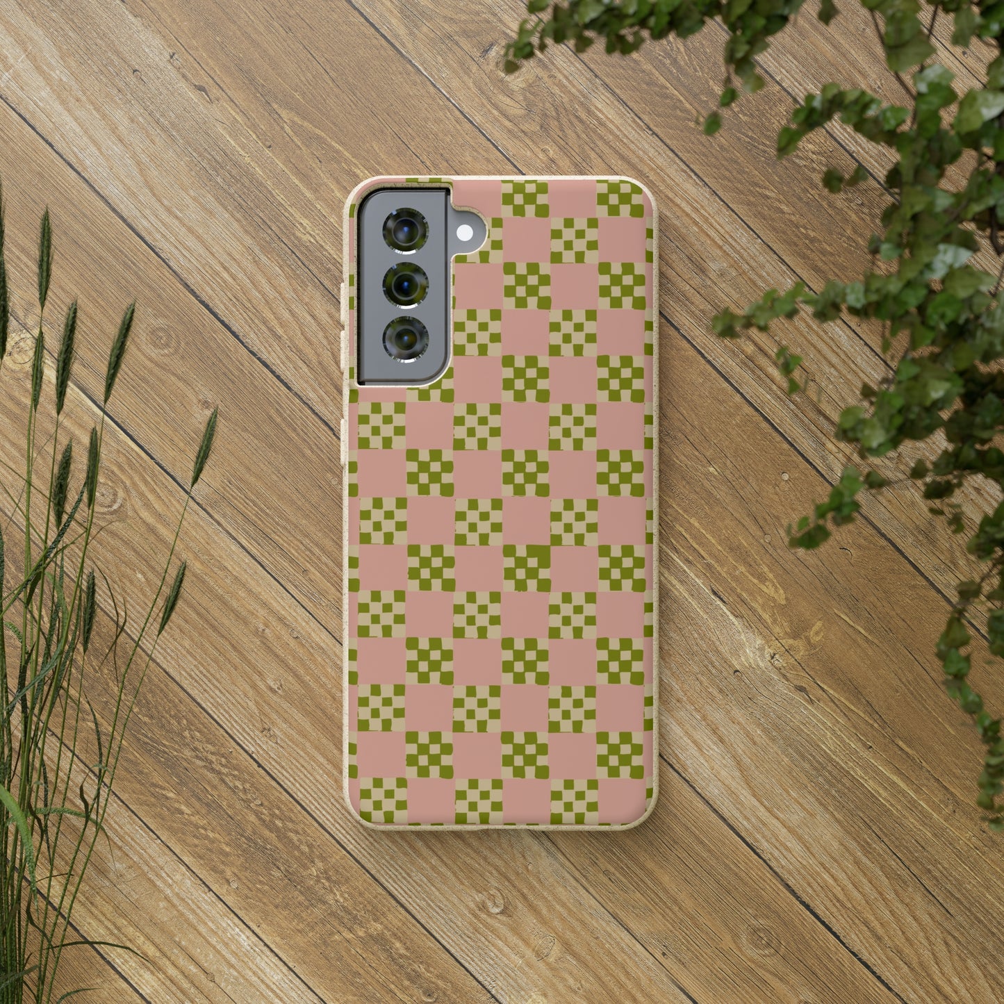 Checkered Quilt Biodegradable Phone Case, pink, olive green and light yellow