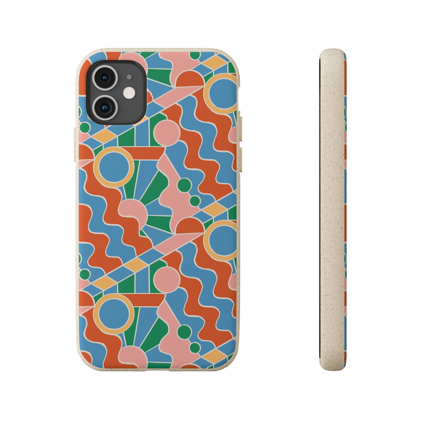 Day Trippin' Biodegradable Phone Case, blue, green, pink and brick red