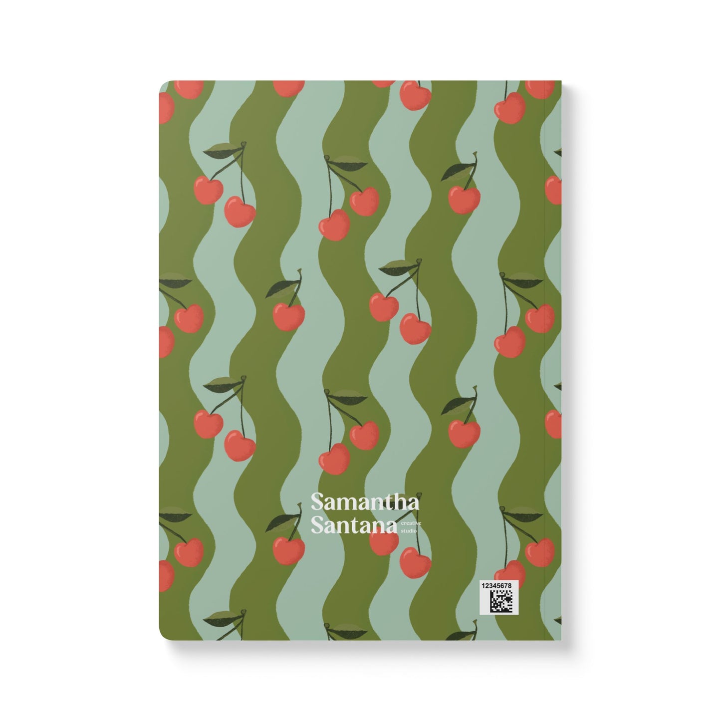 Wavy Cherry Softcover Personalized Journal, teal & olive green (add your name)