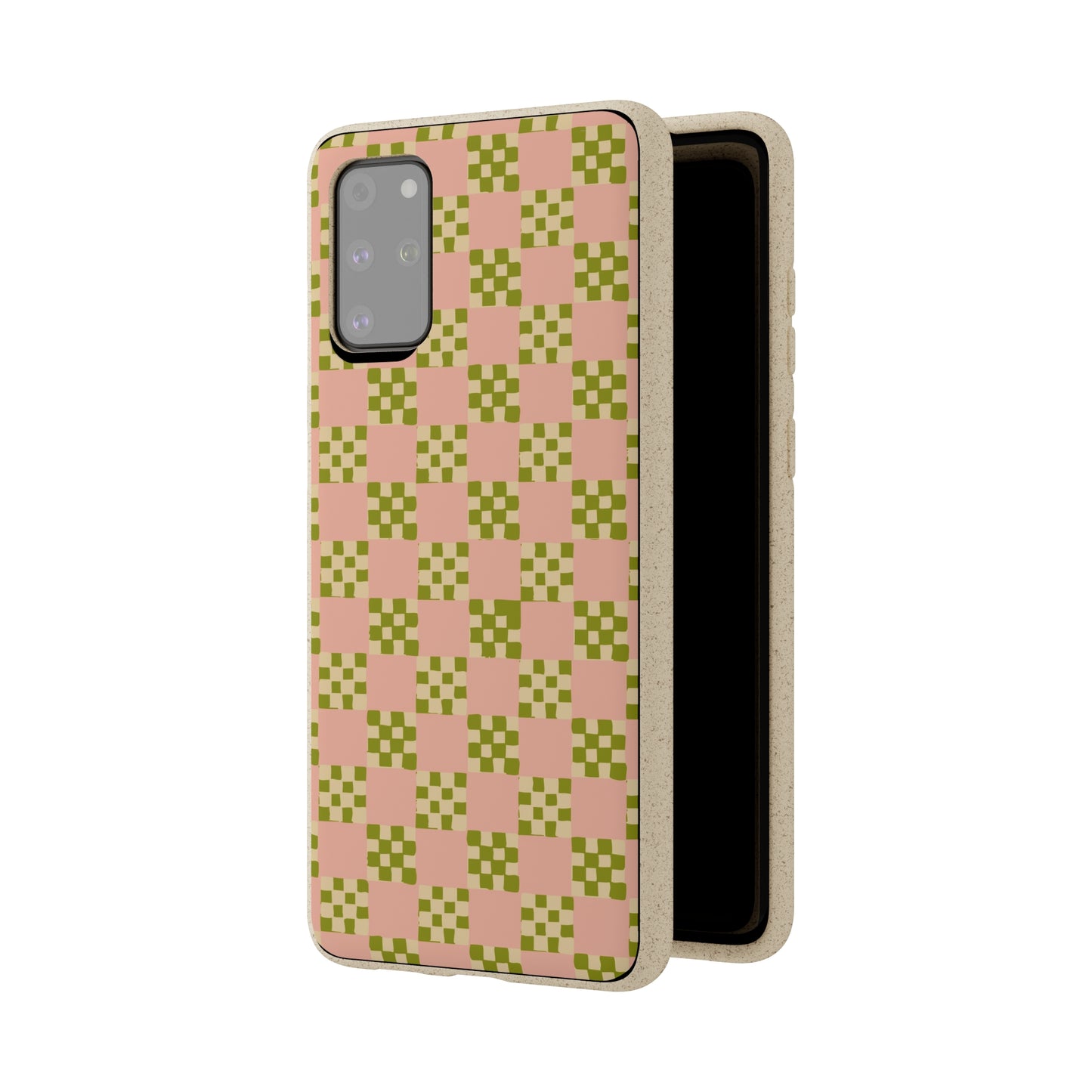 Checkered Quilt Biodegradable Phone Case, pink, olive green and light yellow