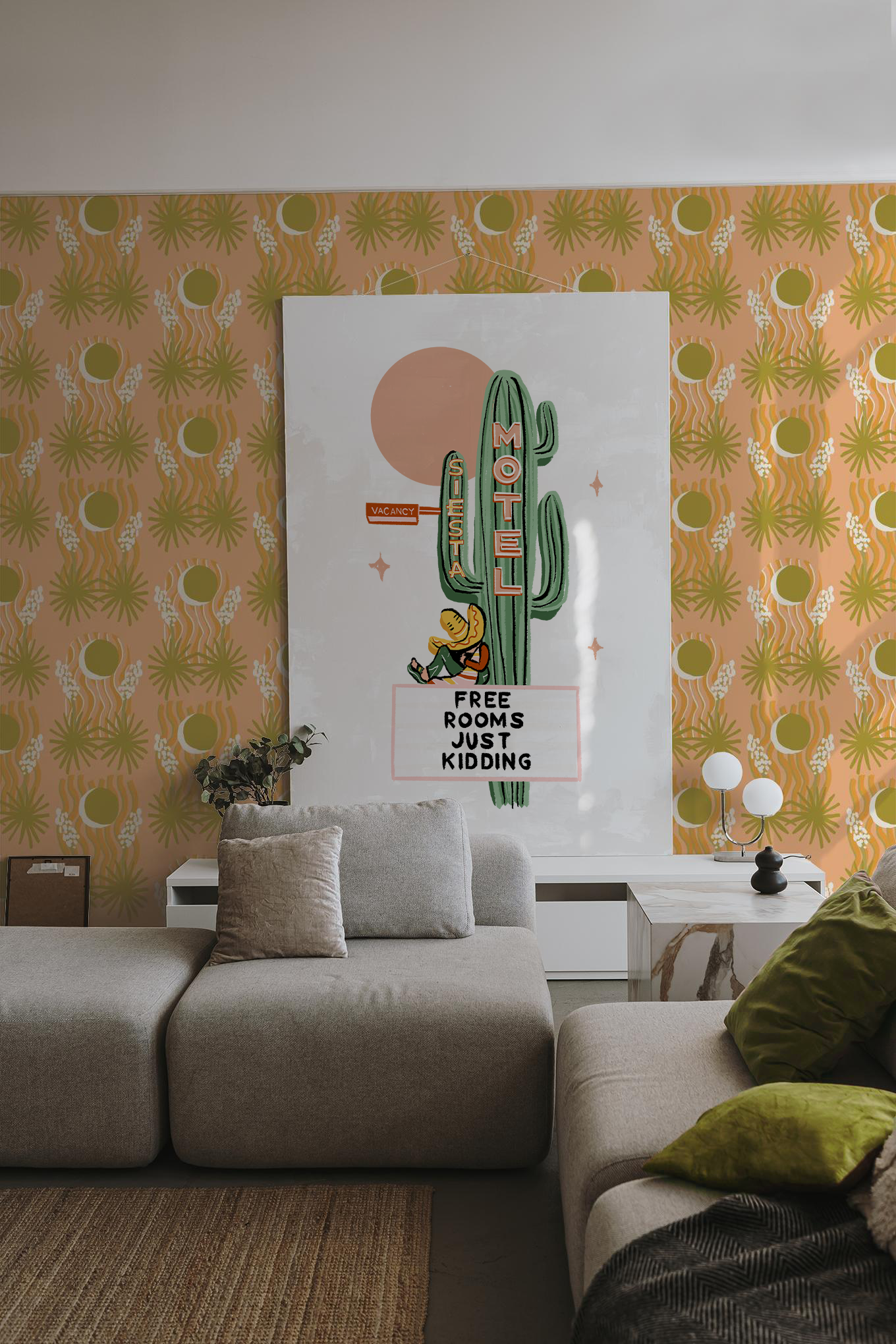 Yucca Moon Wallpaper, peach & green