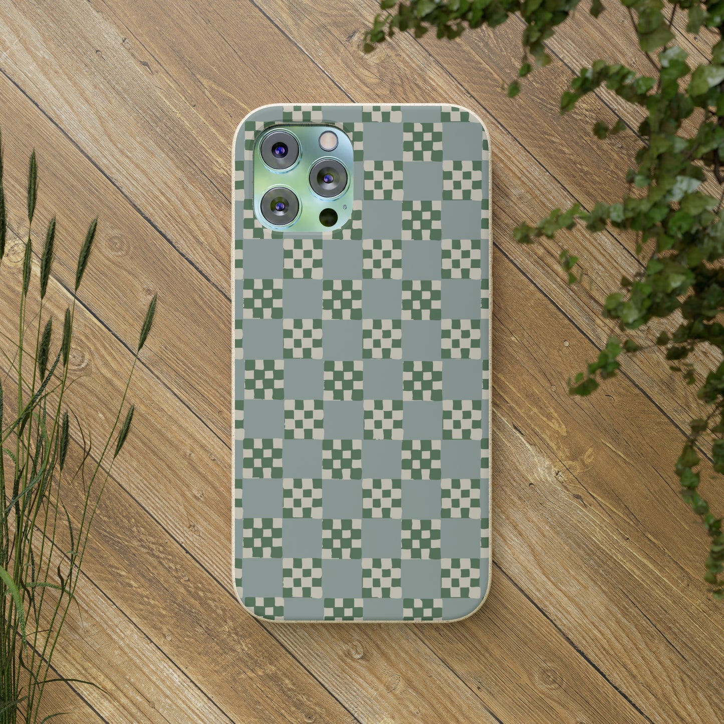 Checkered Quilt Biodegradable Phone Case, mint and green