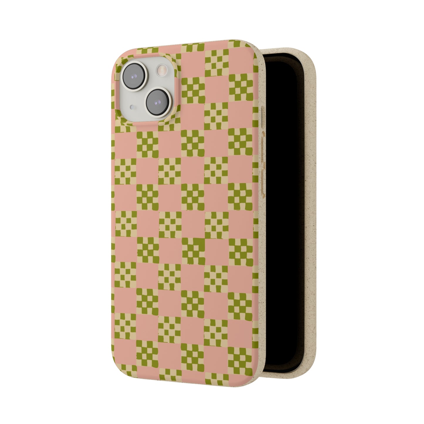 Checkered Quilt Biodegradable Phone Case, pink, olive green and light yellow