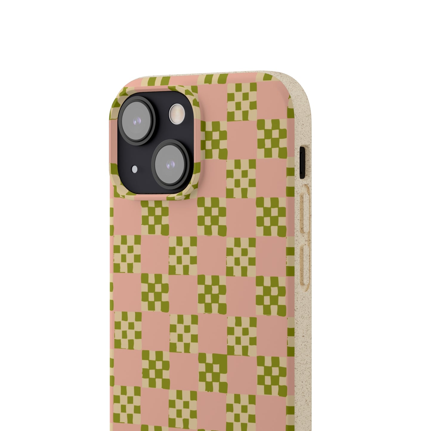 Checkered Quilt Biodegradable Phone Case, pink, olive green and light yellow