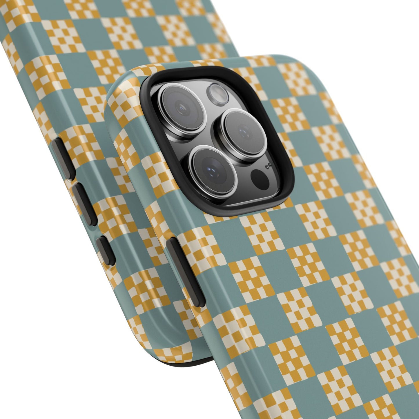 Checker Quilt Tough Phone Case — Retro Light Blue and Yellow Pattern, Protective iPhone Cover, Personalizable