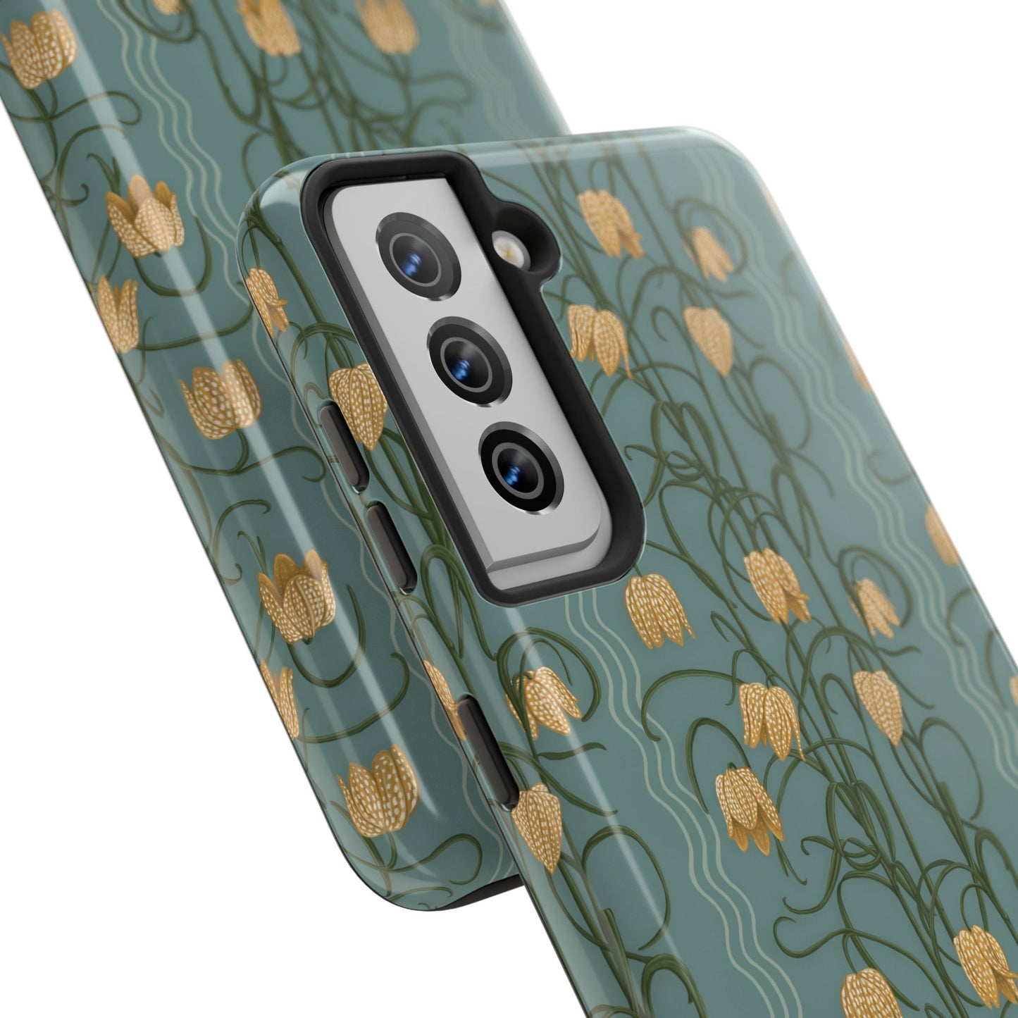 Campanas Floral Tough Phone Case — Dusty Blue and Marigold Wildflower Protective Cover, Personalizable