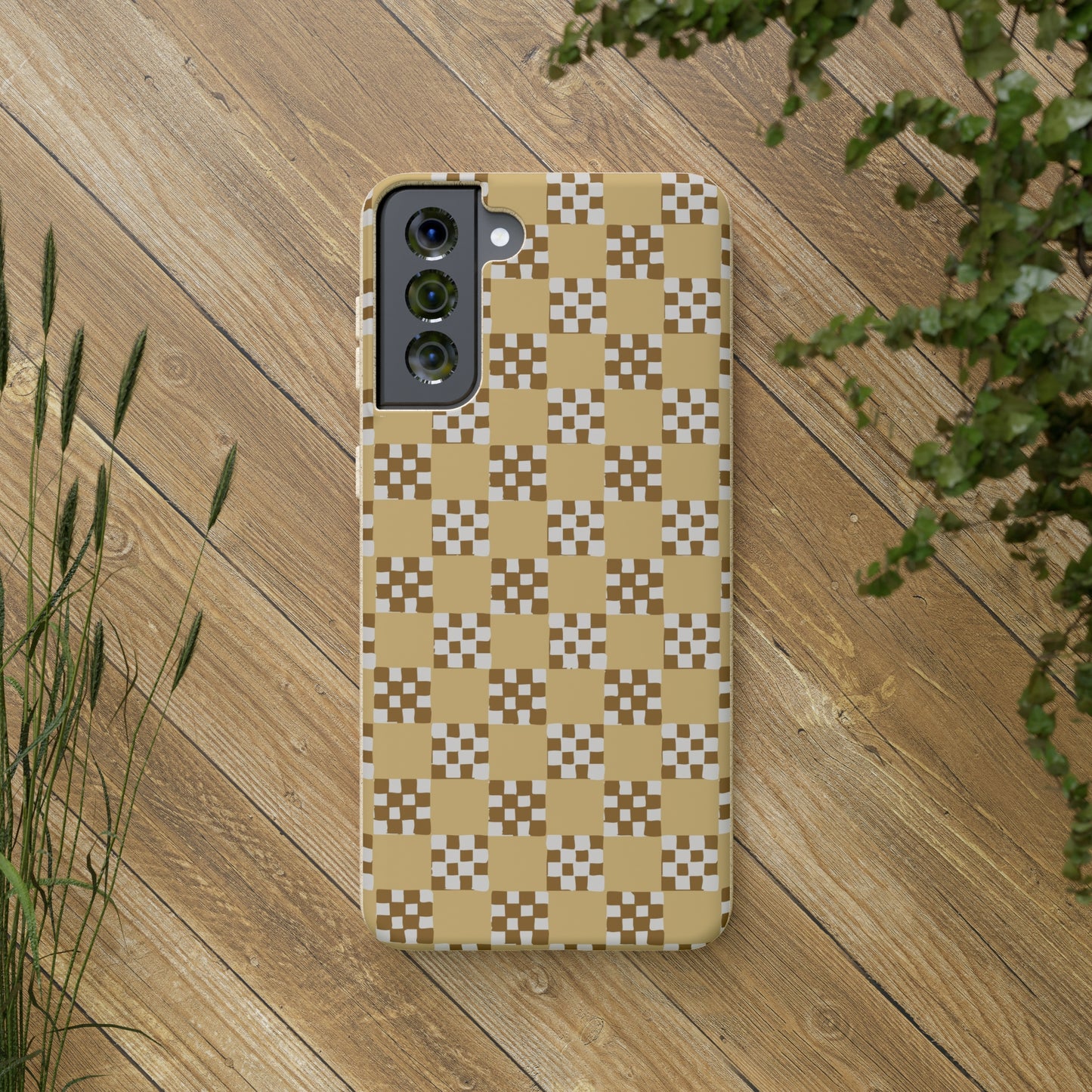 Checkered Quilt Biodegradable Phone Case, butter yellow, white and toffee