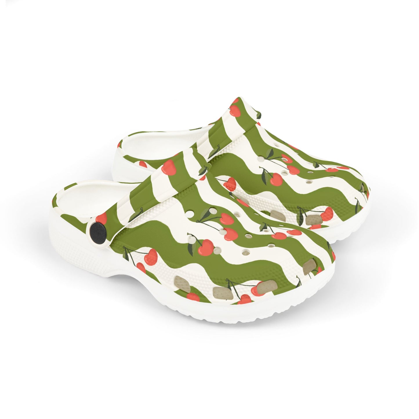 Wavy Cherry Kid's EVA Foam Clogs — White & Green Patterned Slip-Ons