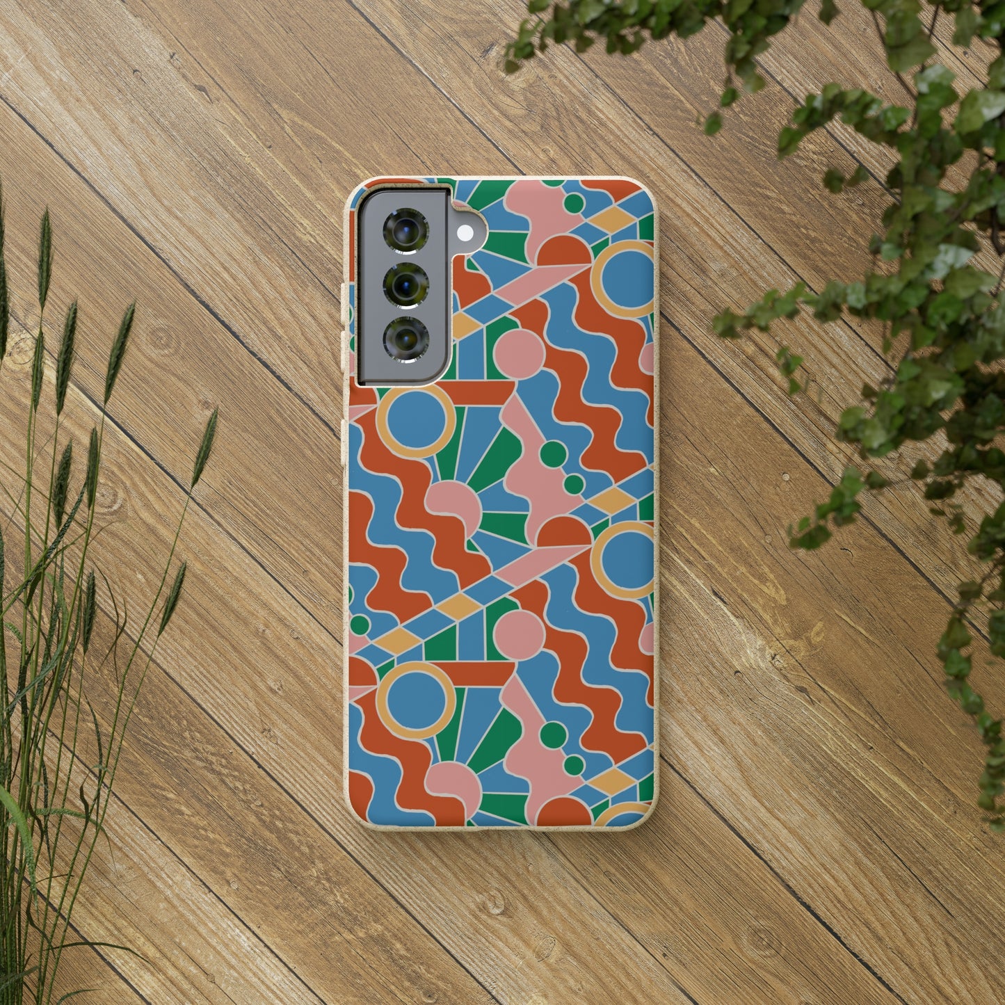 Day Trippin' Biodegradable Phone Case, blue, green, pink and brick red