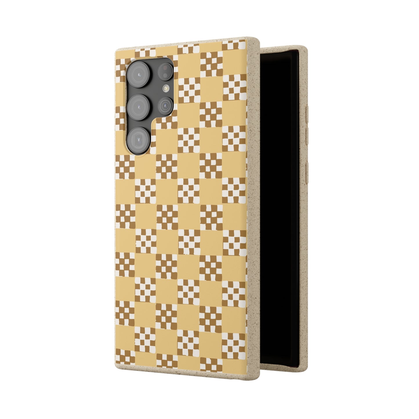 Checkered Quilt Biodegradable Phone Case, butter yellow, white and toffee