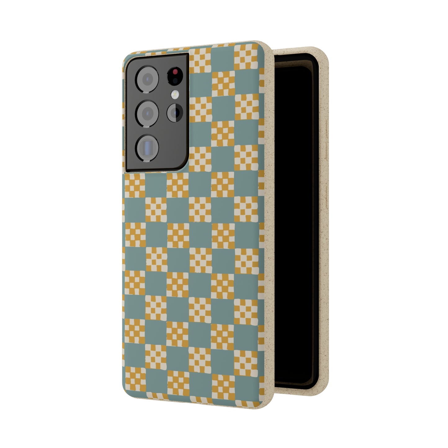 Checkered Quilt Biodegradable Phone Case, light blue and yellow