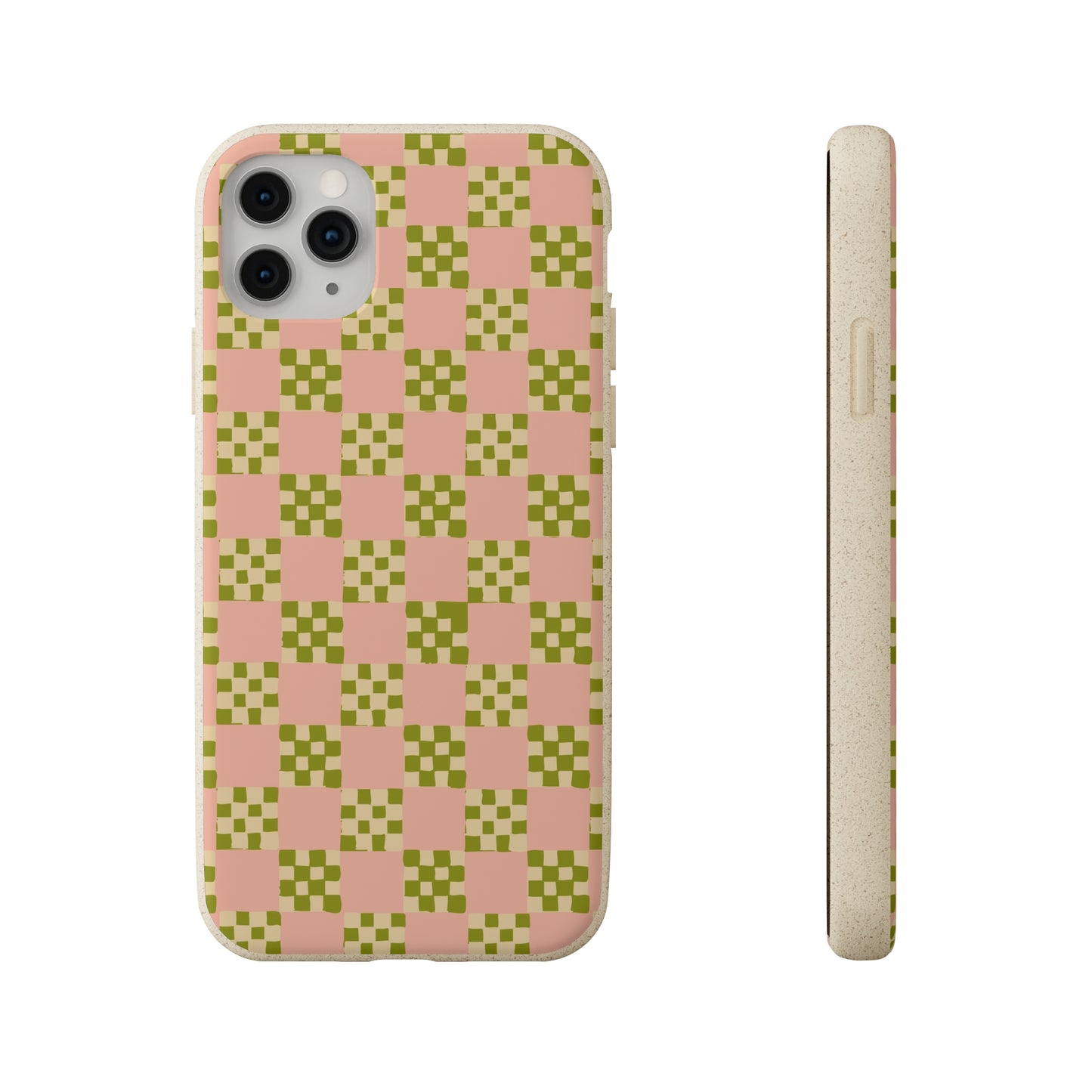 Checkered Quilt Biodegradable Phone Case, pink, olive green and light yellow