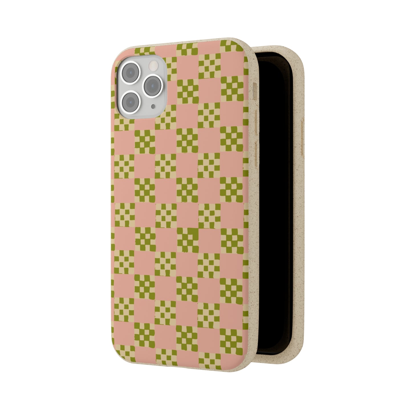 Checkered Quilt Biodegradable Phone Case, pink, olive green and light yellow