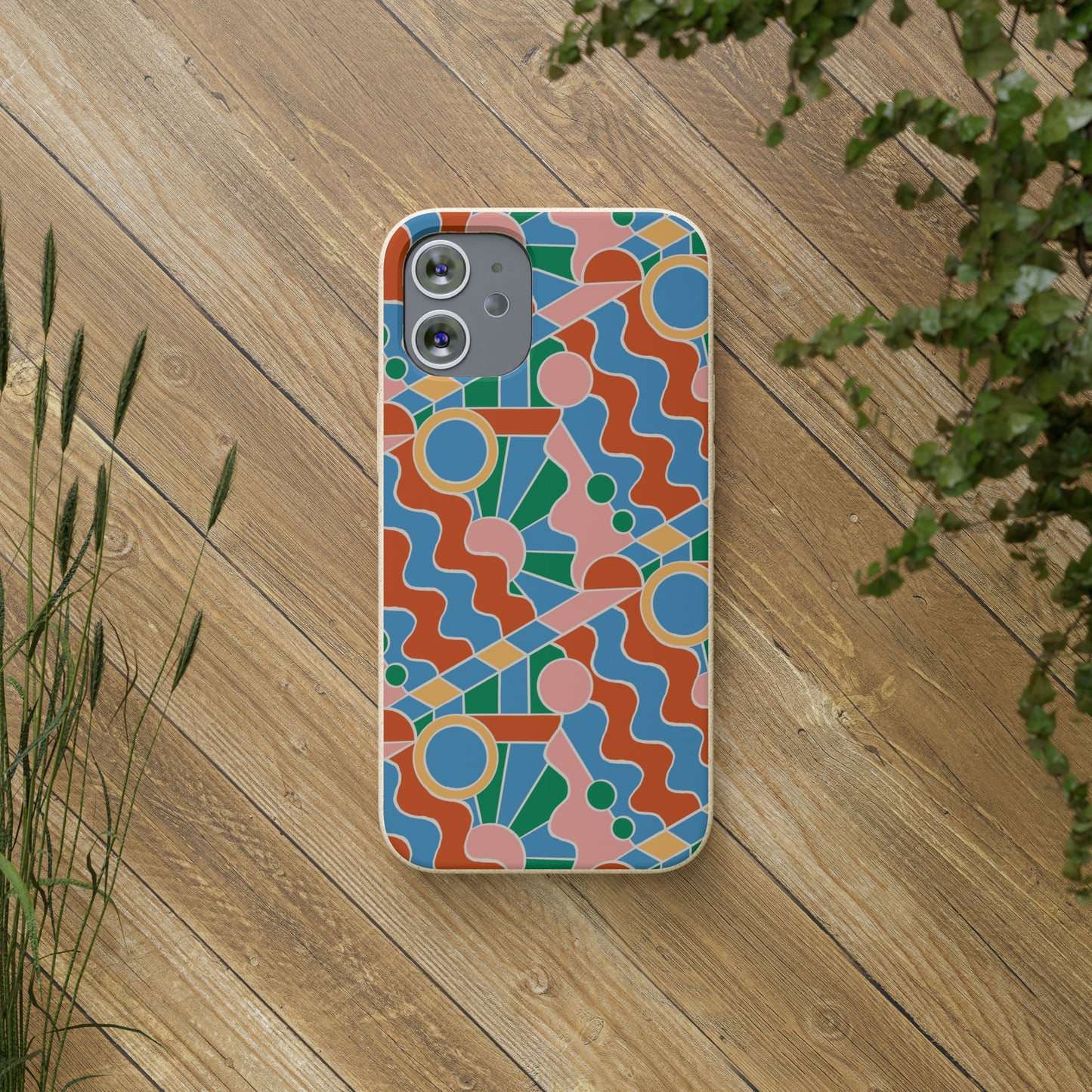 Day Trippin' Biodegradable Phone Case, blue, green, pink and brick red