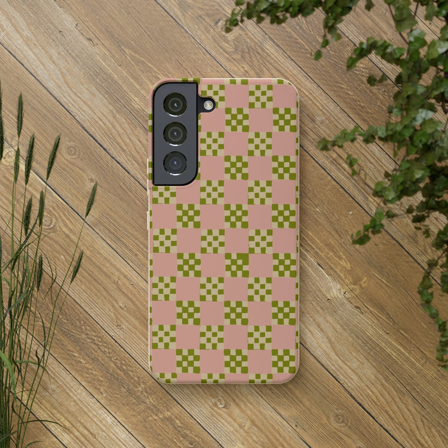 Checkered Quilt Biodegradable Phone Case, pink, olive green and light yellow