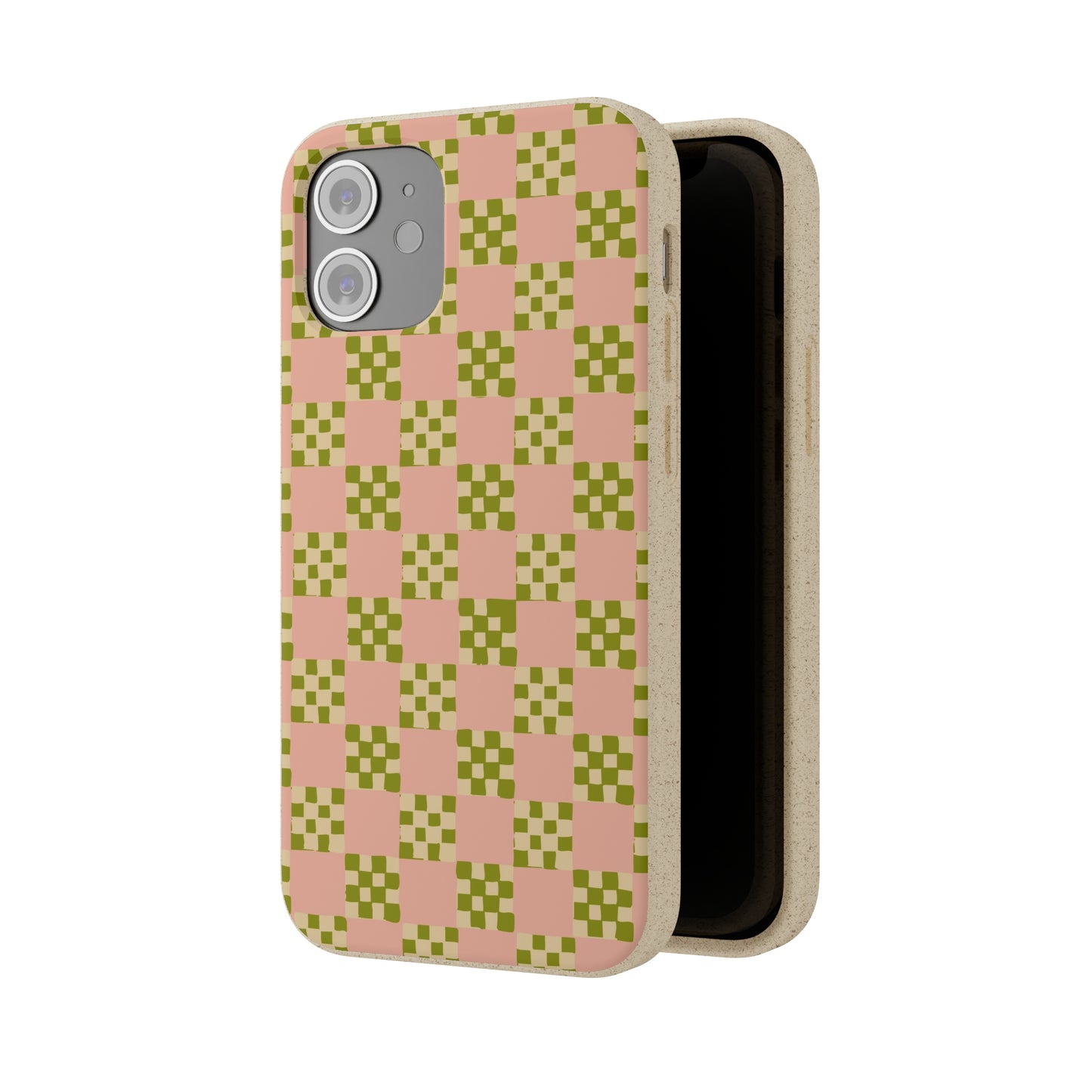 Checkered Quilt Biodegradable Phone Case, pink, olive green and light yellow