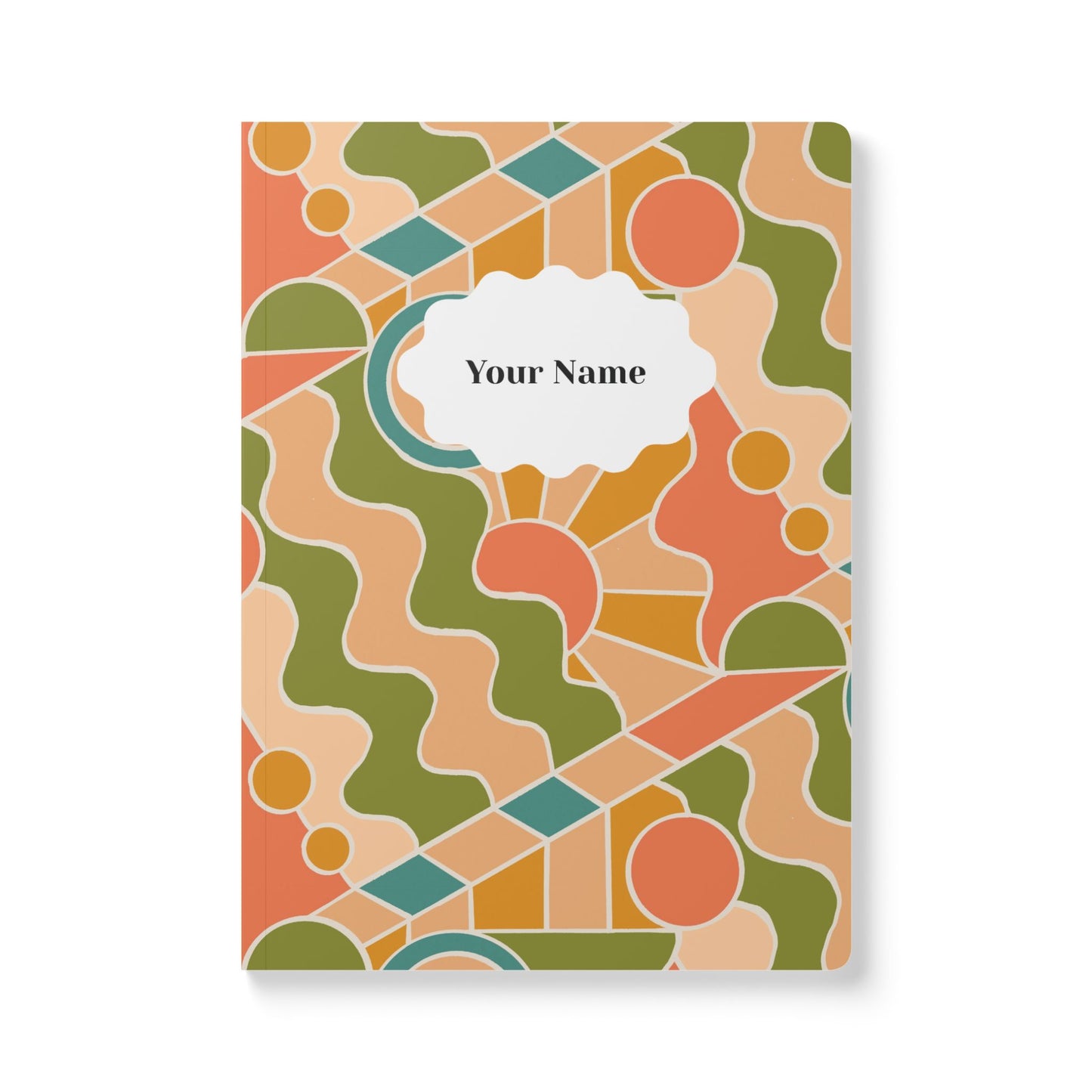 Day Trippin' Softcover Personalized Journal, olive green, peach, coral and blue (add your name)