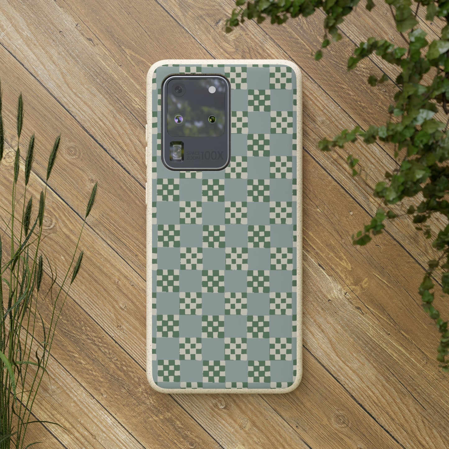 Checkered Quilt Biodegradable Phone Case, mint and green