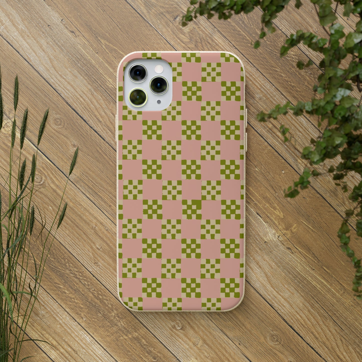 Checkered Quilt Biodegradable Phone Case, pink, olive green and light yellow