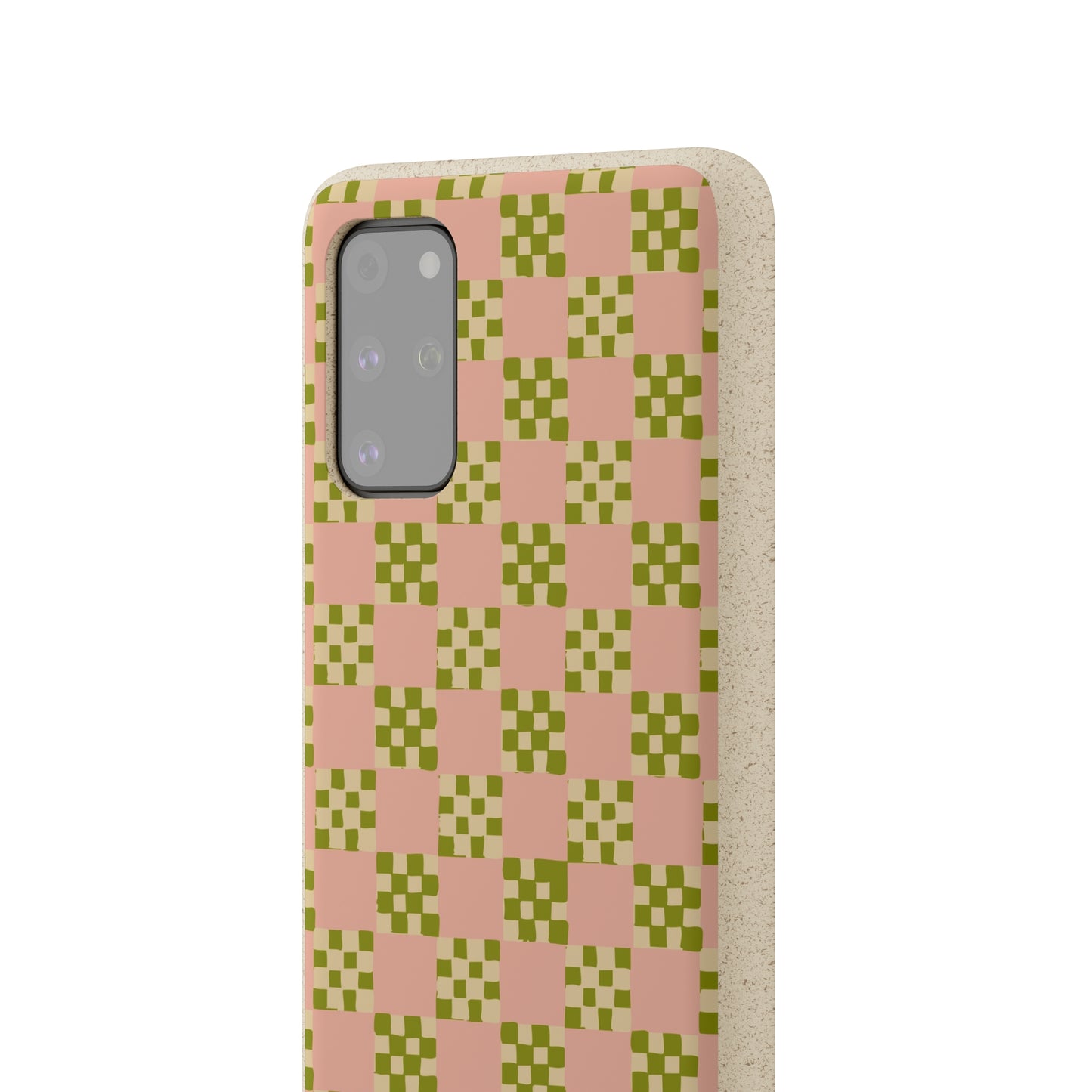 Checkered Quilt Biodegradable Phone Case, pink, olive green and light yellow