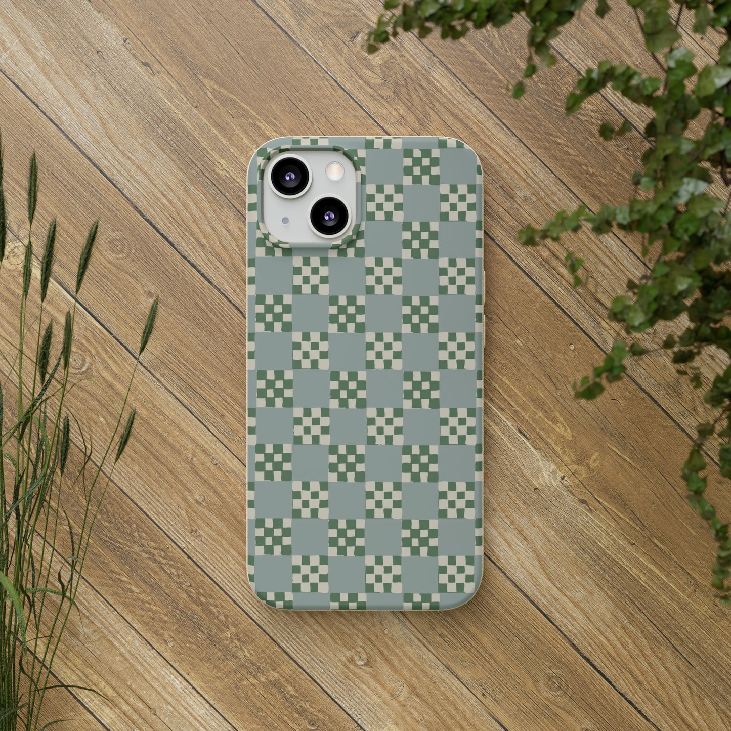 Checkered Quilt Biodegradable Phone Case, mint and green