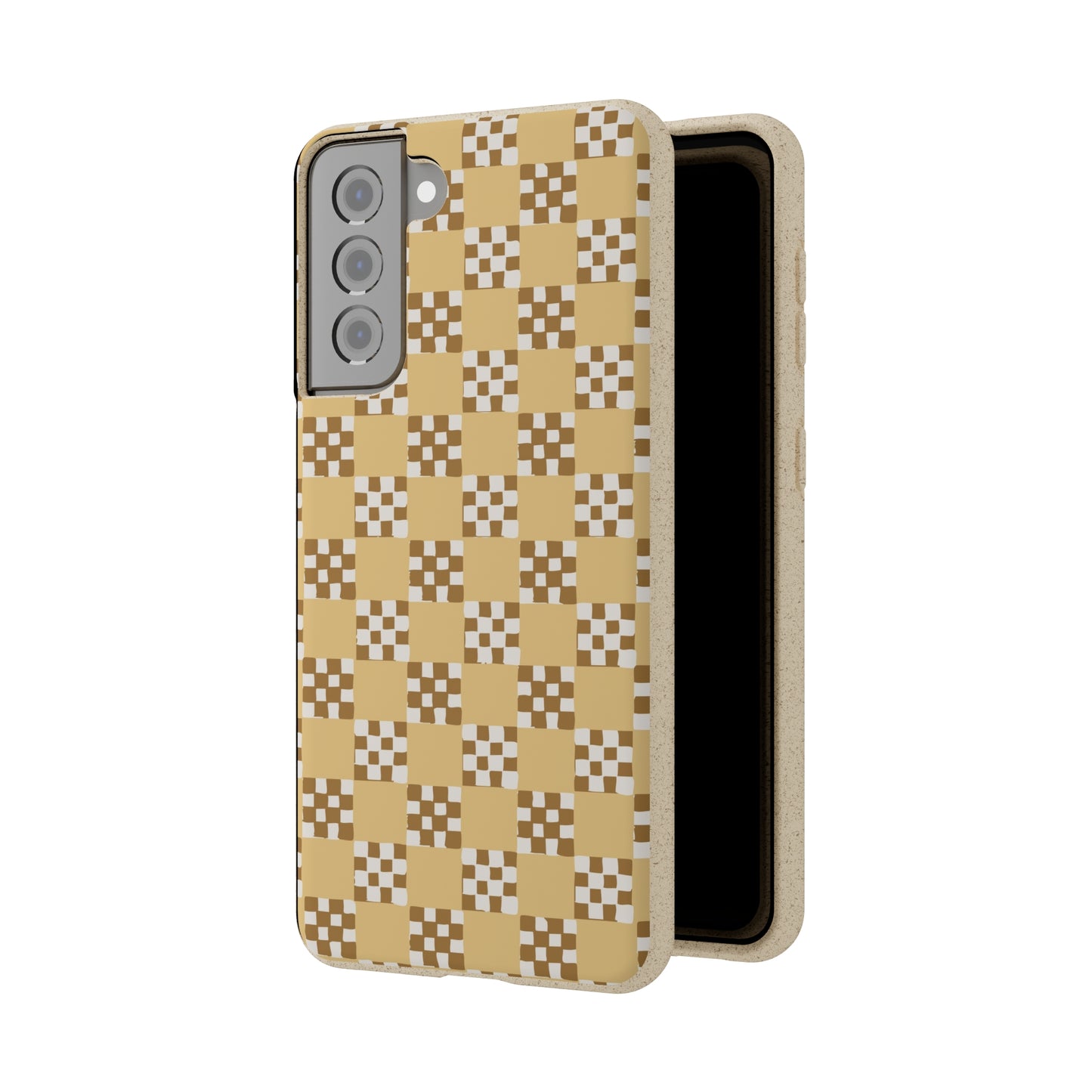 Checkered Quilt Biodegradable Phone Case, butter yellow, white and toffee