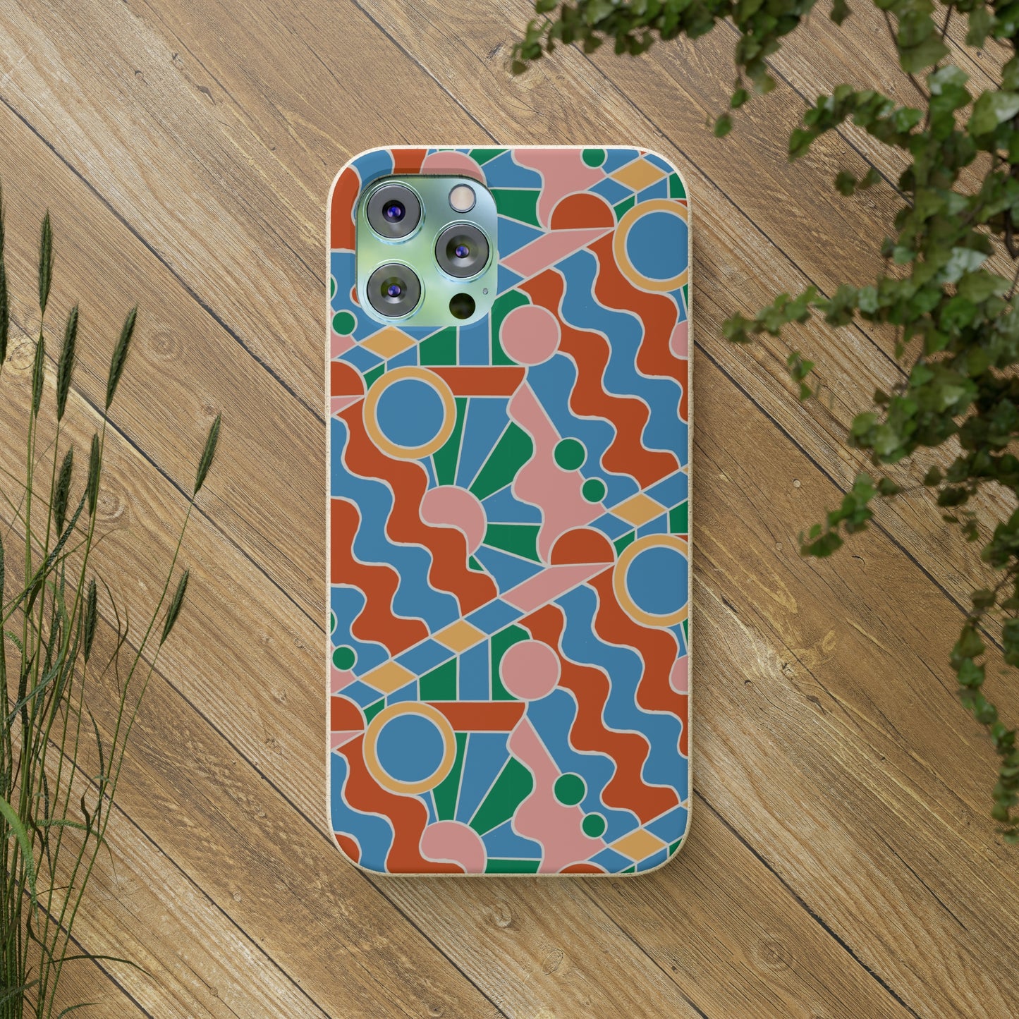 Day Trippin' Biodegradable Phone Case, blue, green, pink and brick red