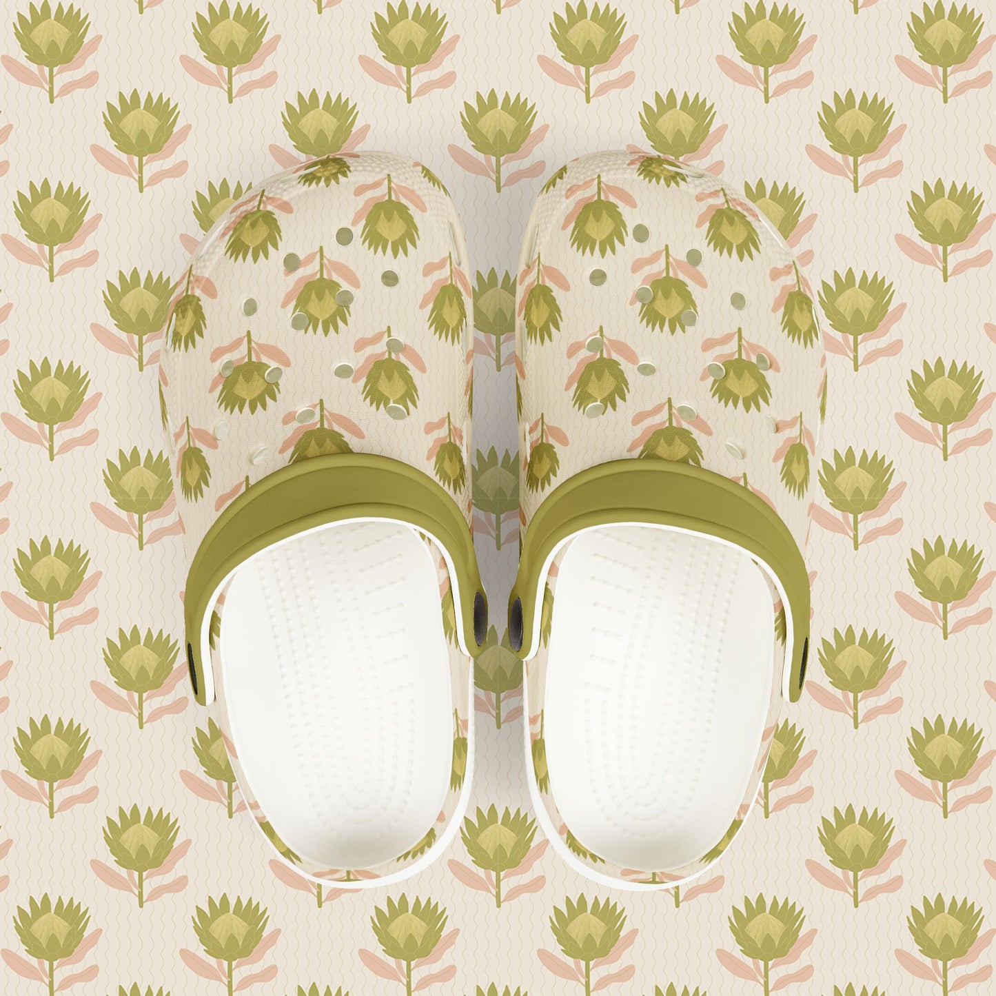 King Protea Floral Kid's EVA Foam Clogs — Tan and Olive All-Over Print Slip-on Shoes