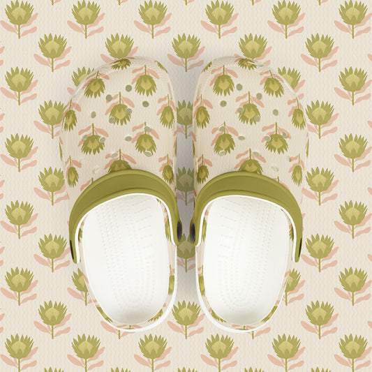 King Protea Floral Kid's EVA Foam Clogs — Tan and Olive All-Over Print Slip-on Shoes