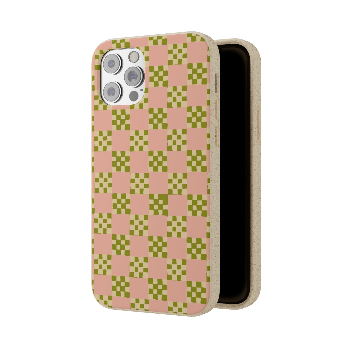 Checkered Quilt Biodegradable Phone Case, pink, olive green and light yellow