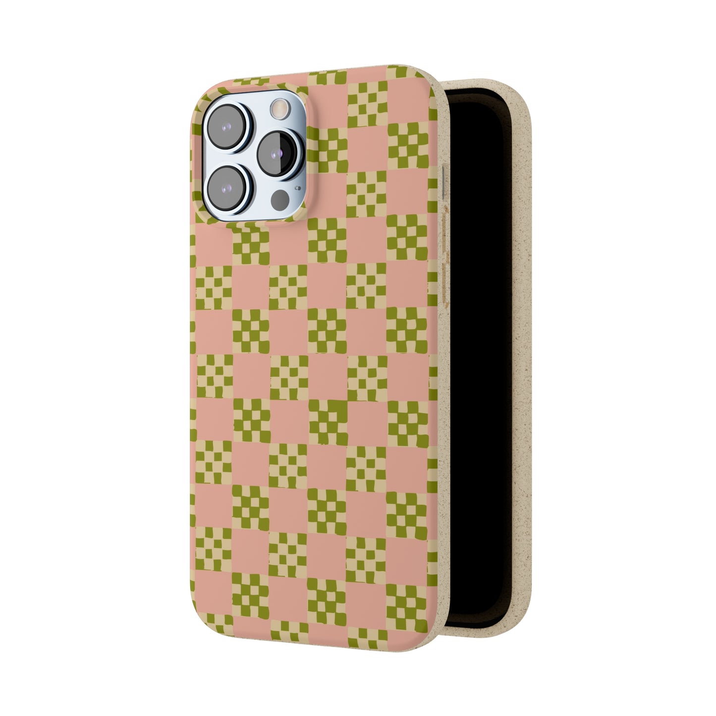 Checkered Quilt Biodegradable Phone Case, pink, olive green and light yellow