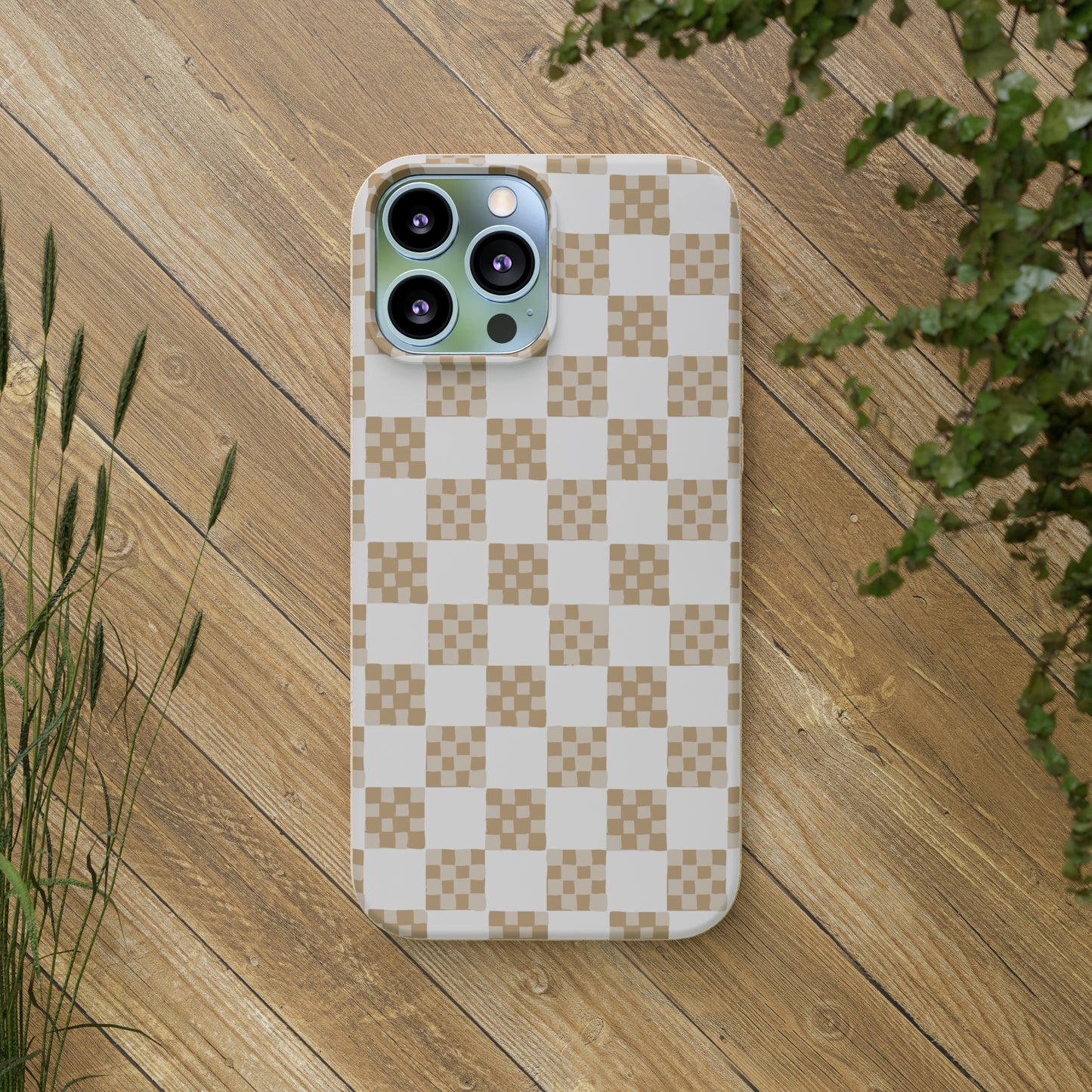 Checkered Quilt Biodegradable Phone Case, tan and white