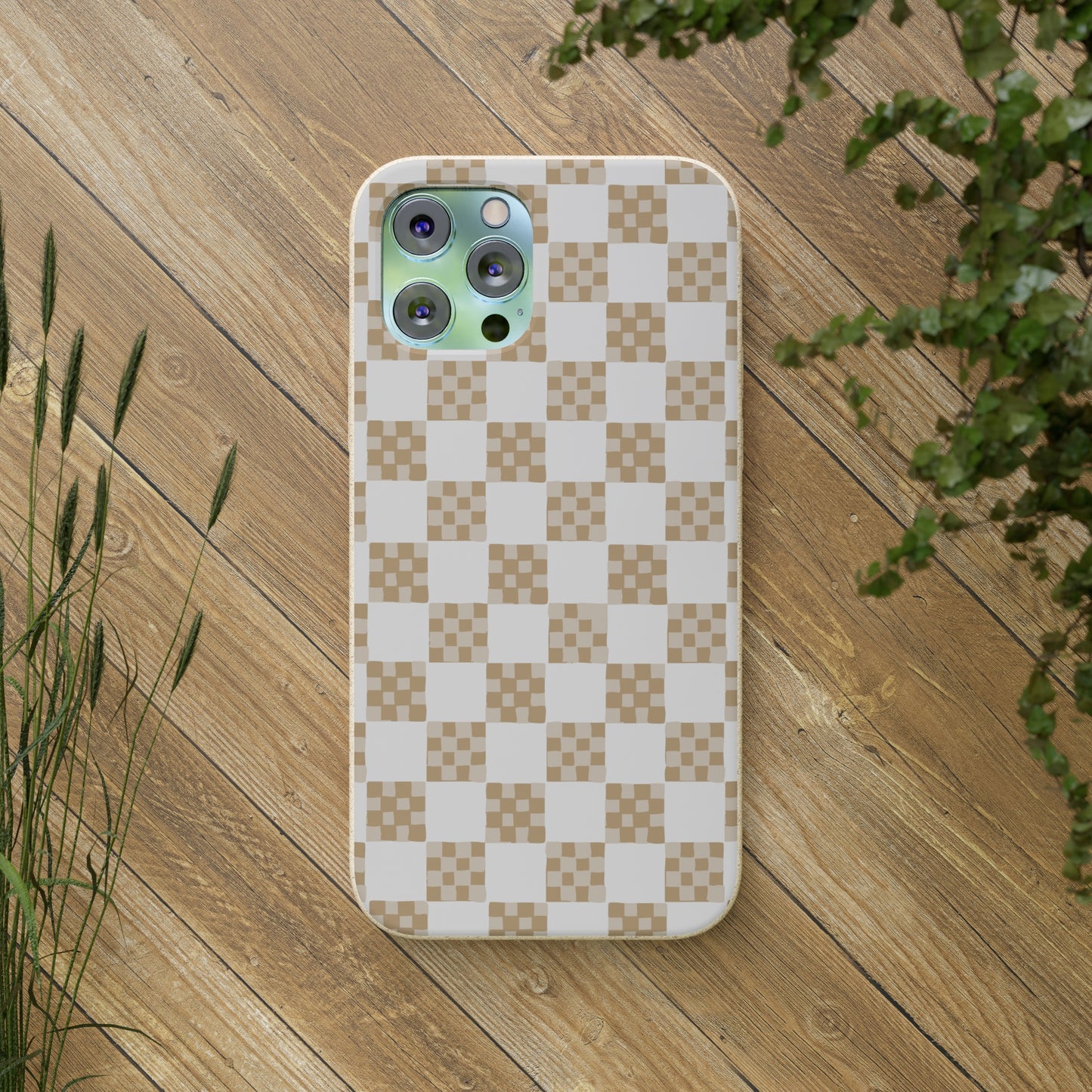 Checkered Quilt Biodegradable Phone Case, tan and white