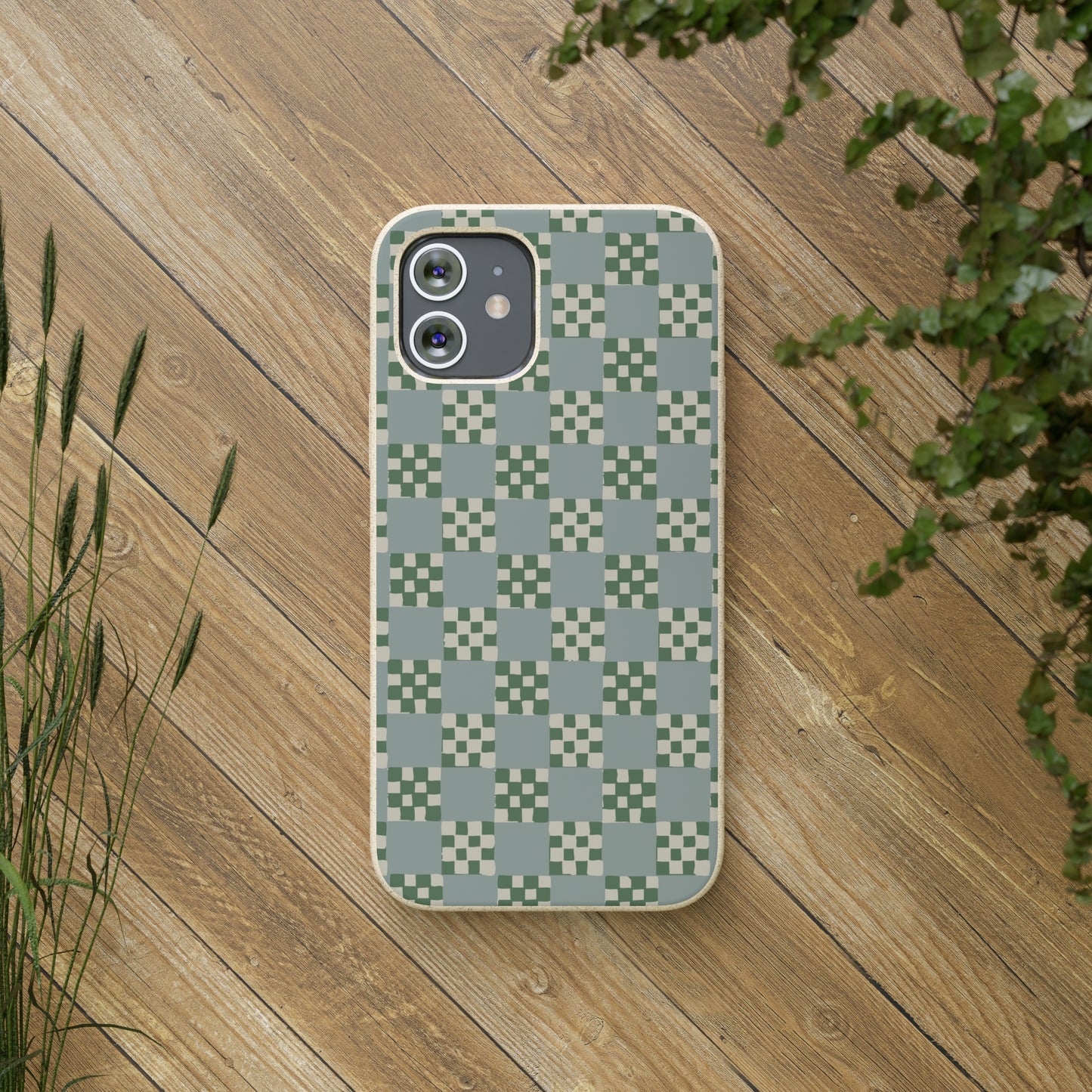 Checkered Quilt Biodegradable Phone Case, mint and green