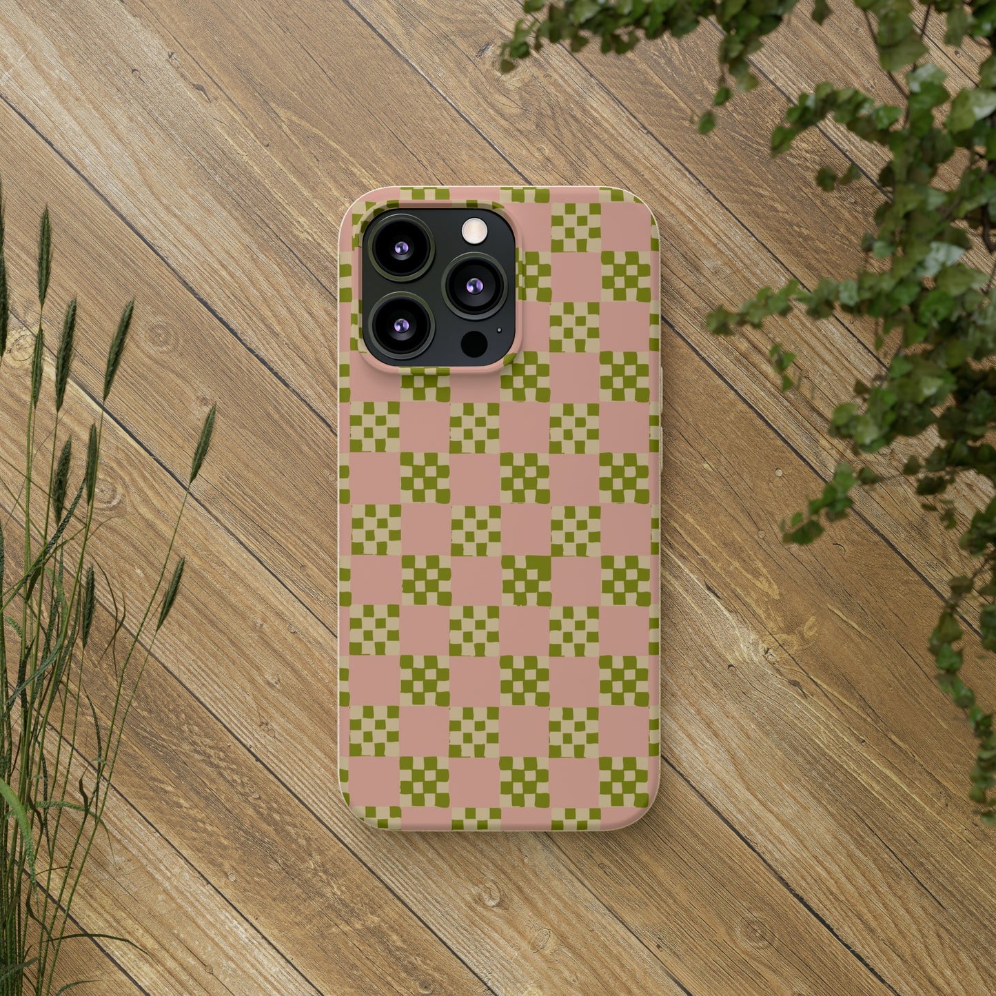 Checkered Quilt Biodegradable Phone Case, pink, olive green and light yellow