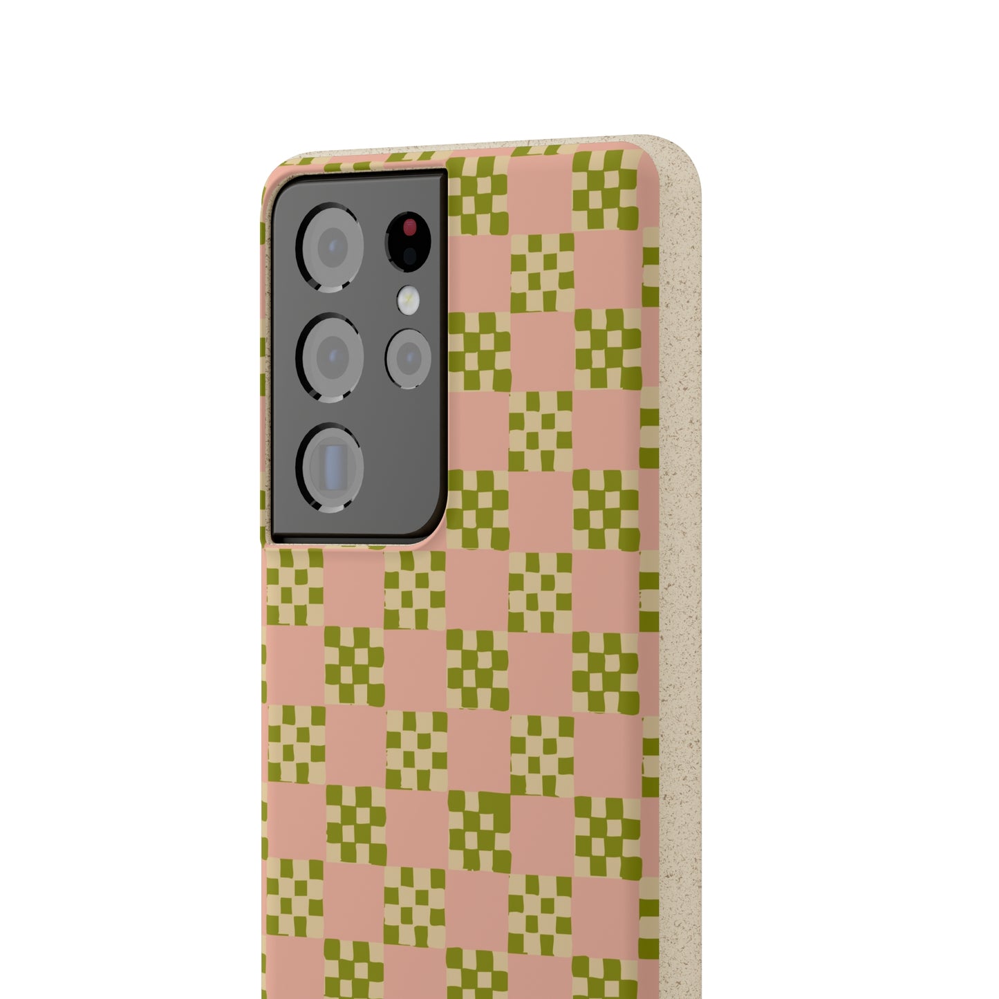 Checkered Quilt Biodegradable Phone Case, pink, olive green and light yellow