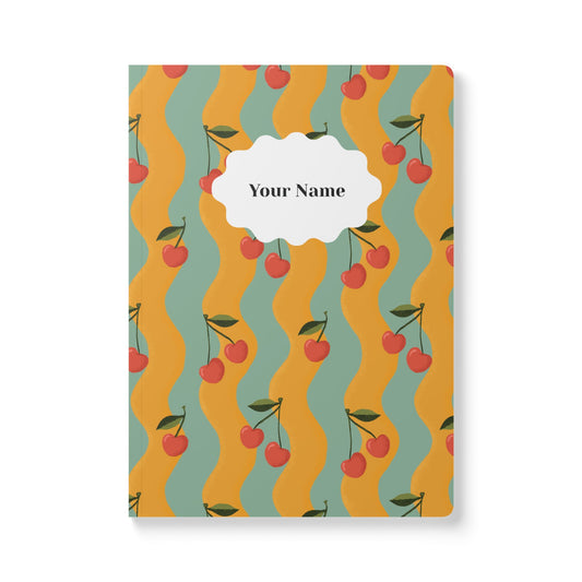 Cherry Softcover Personalized Journal, teal & yellow (add your name)