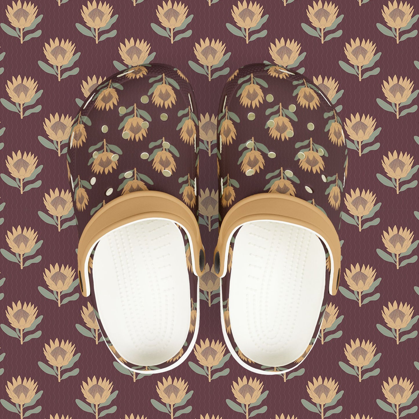 King Protea Floral Kid's EVA Foam Clogs — Dark Plum and Butter Yellow All-Over Print Slip-on Shoes