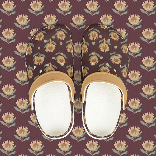 King Protea Floral Kid's EVA Foam Clogs — Dark Plum and Butter Yellow All-Over Print Slip-on Shoes