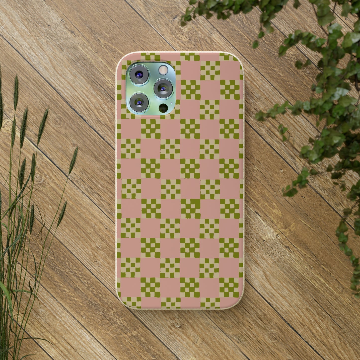 Checkered Quilt Biodegradable Phone Case, pink, olive green and light yellow