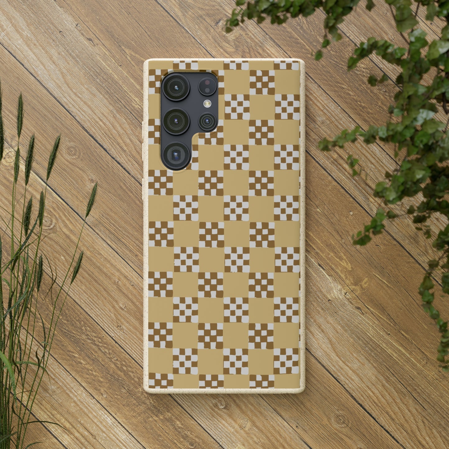 Checkered Quilt Biodegradable Phone Case, butter yellow, white and toffee