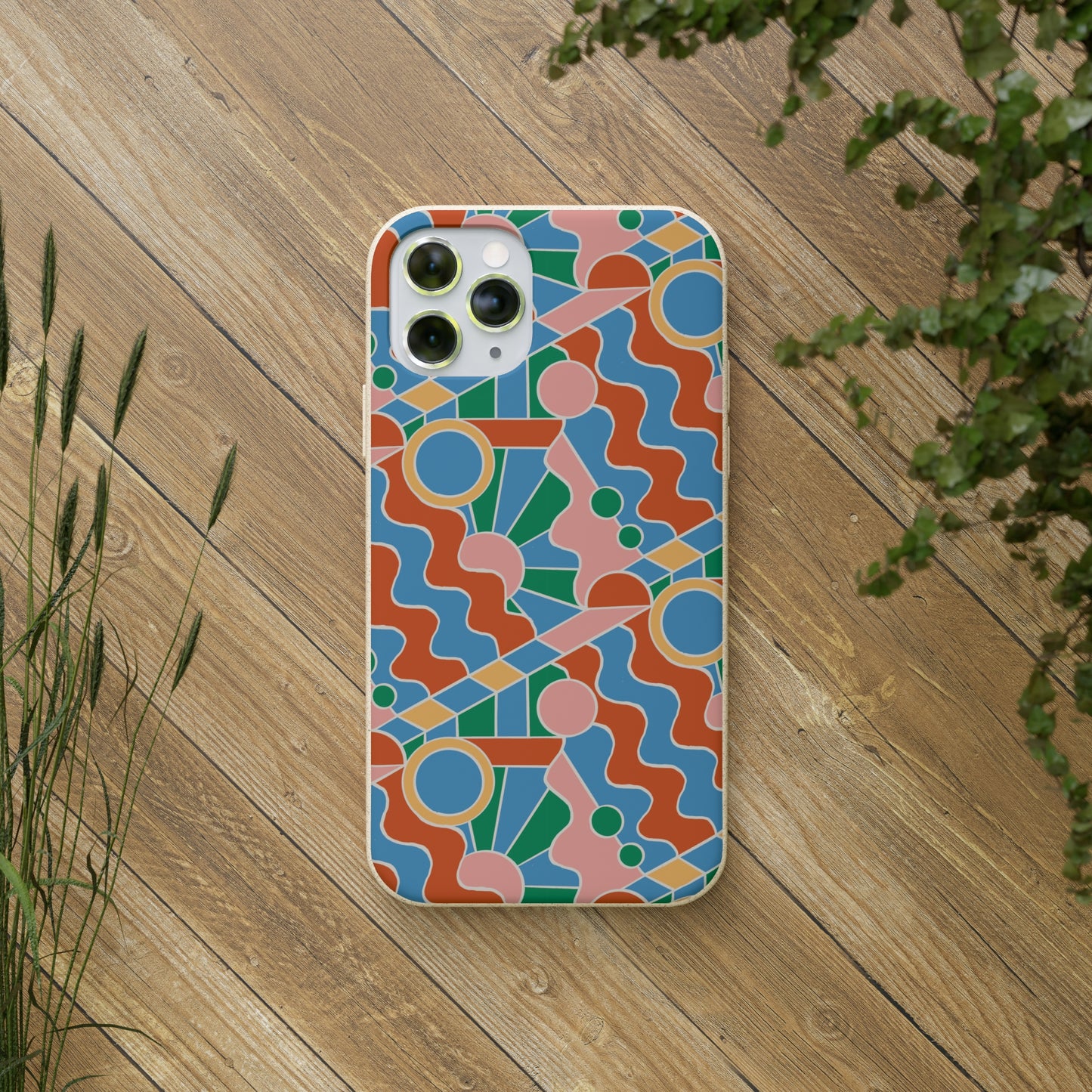 Day Trippin' Biodegradable Phone Case, blue, green, pink and brick red