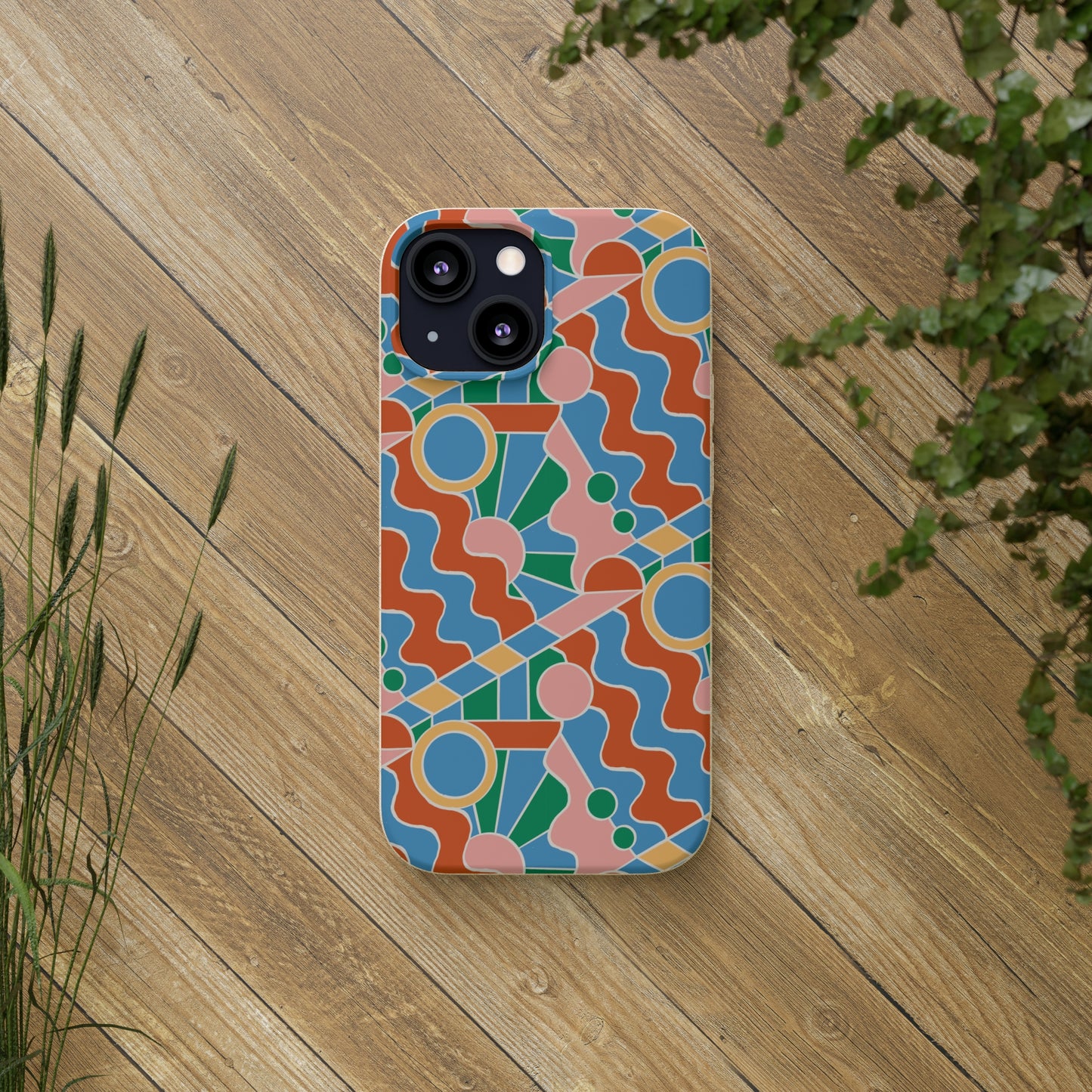 Day Trippin' Biodegradable Phone Case, blue, green, pink and brick red