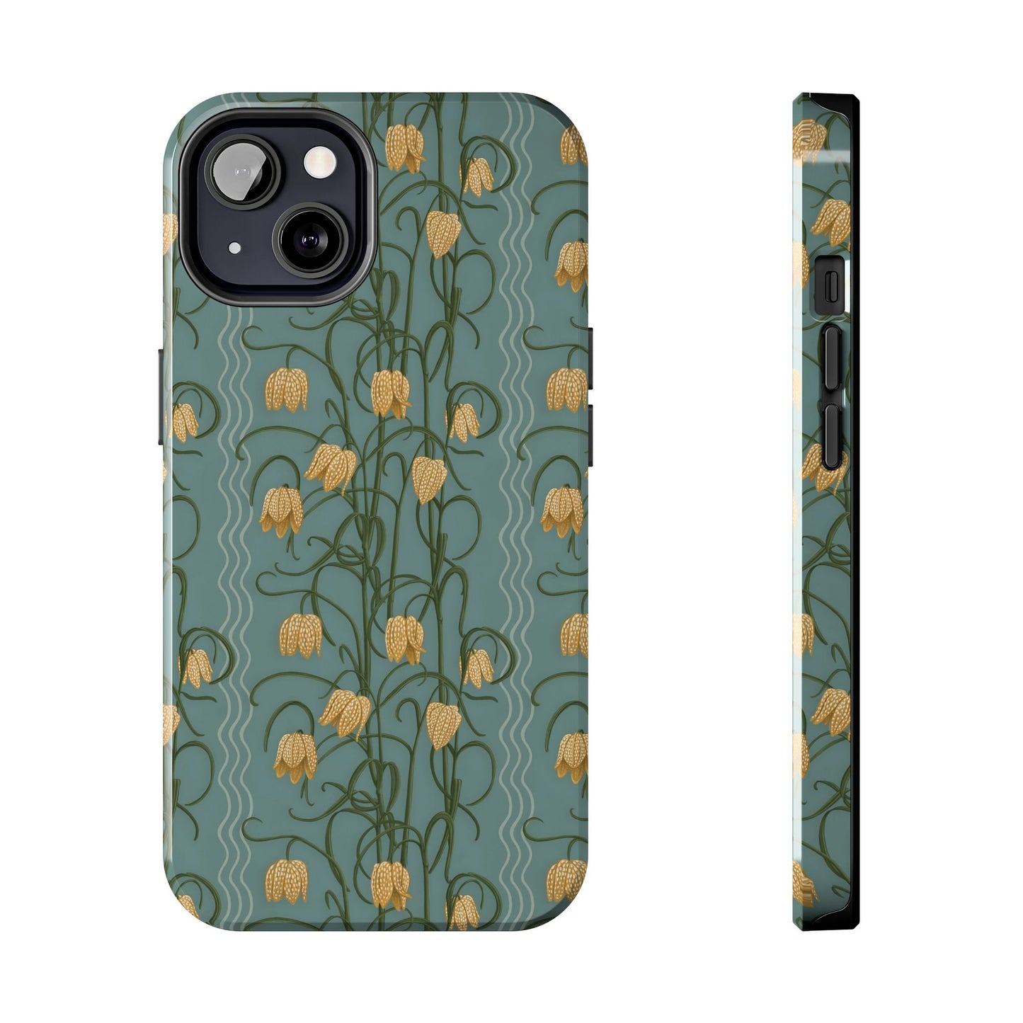 Campanas Floral Tough Phone Case — Dusty Blue and Marigold Wildflower Protective Cover, Personalizable