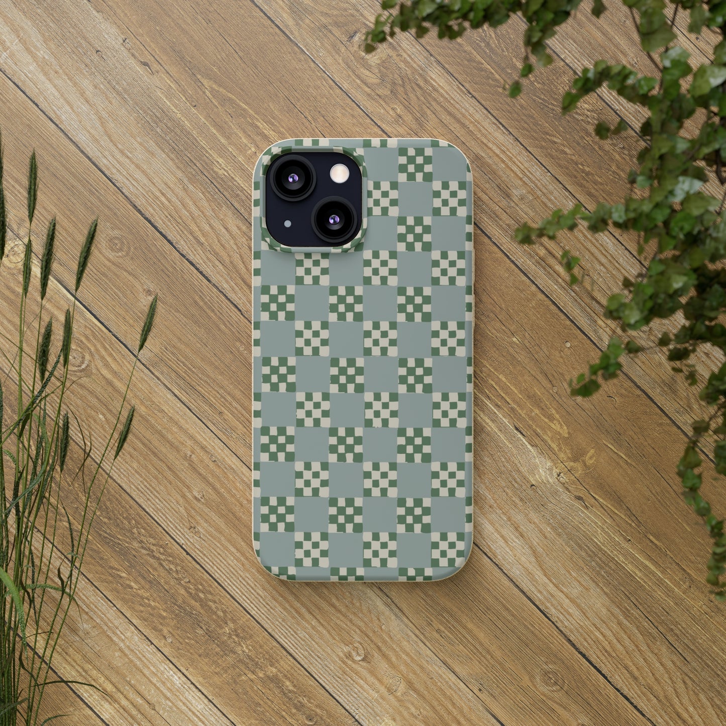 Checkered Quilt Biodegradable Phone Case, mint and green