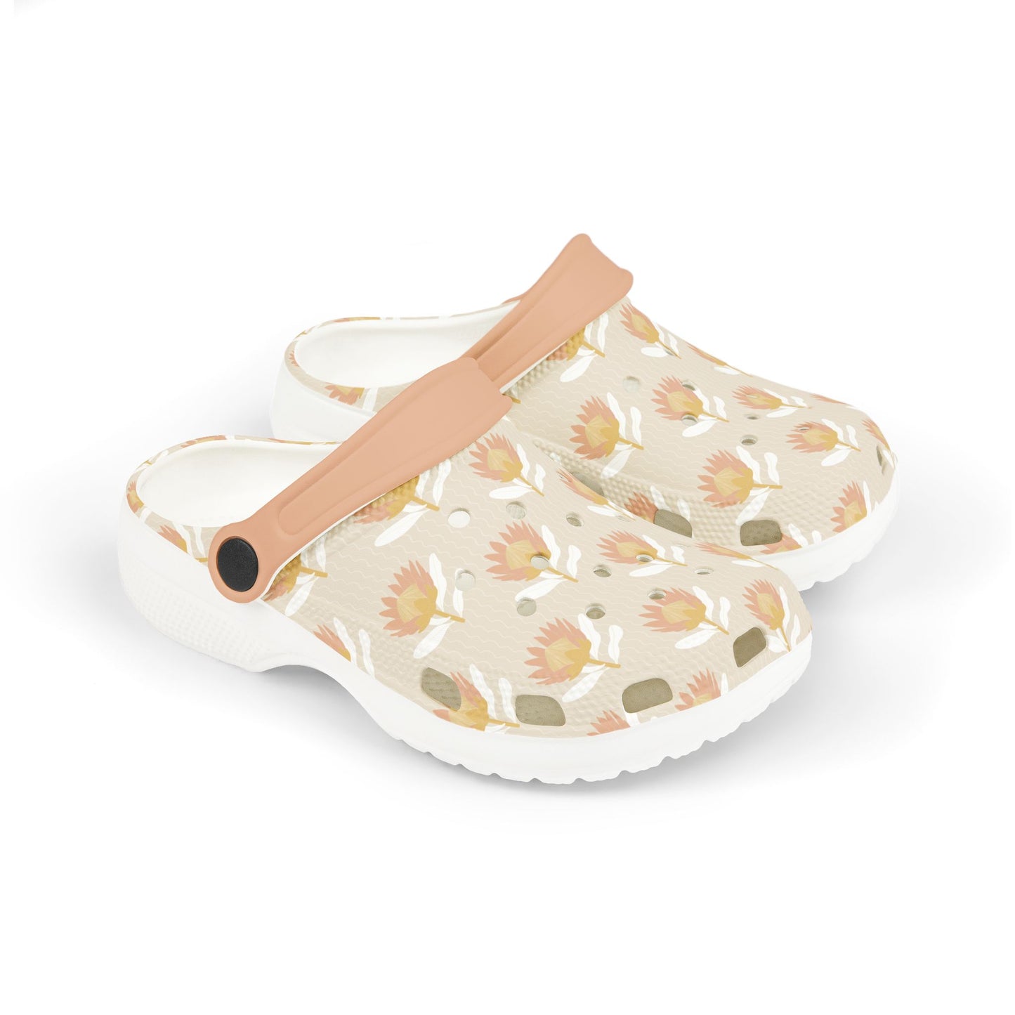King Protea Floral Kid's EVA Foam Clogs — Tan and Light Coral All-Over Print Slip-on Shoes
