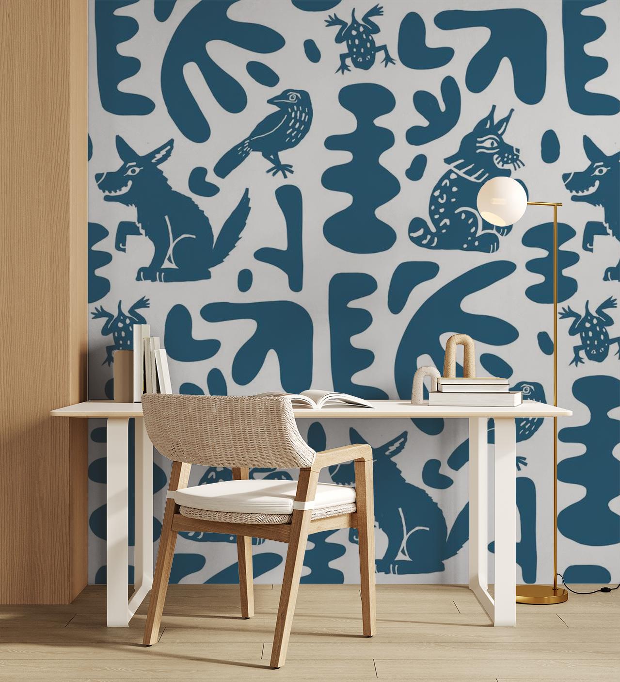 Abstract Animales Wallpaper, white & blue