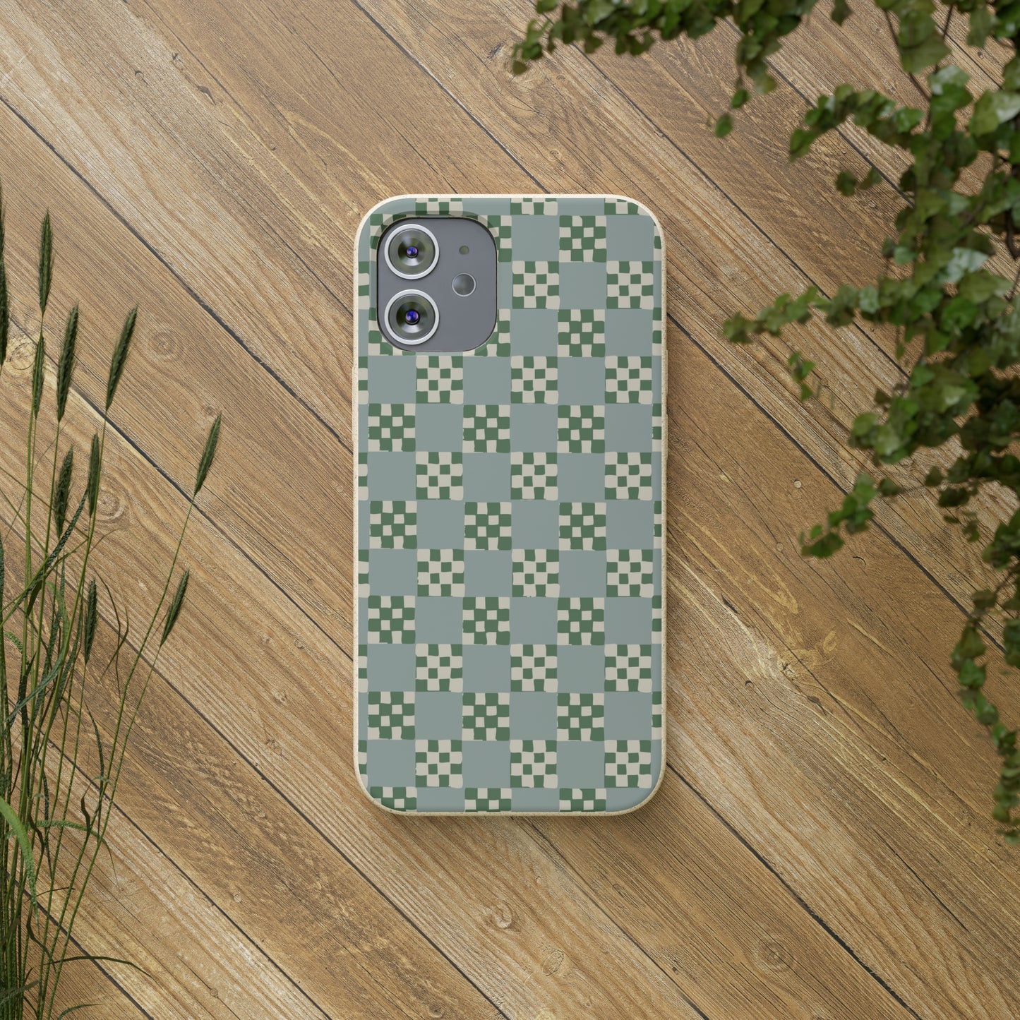 Checkered Quilt Biodegradable Phone Case, mint and green